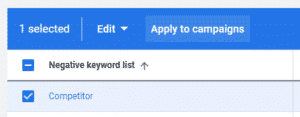 Apply Negative Keyword list to campaigns