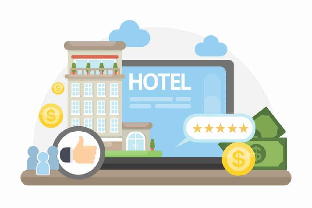 Cartoon of hotel on laptop ad
