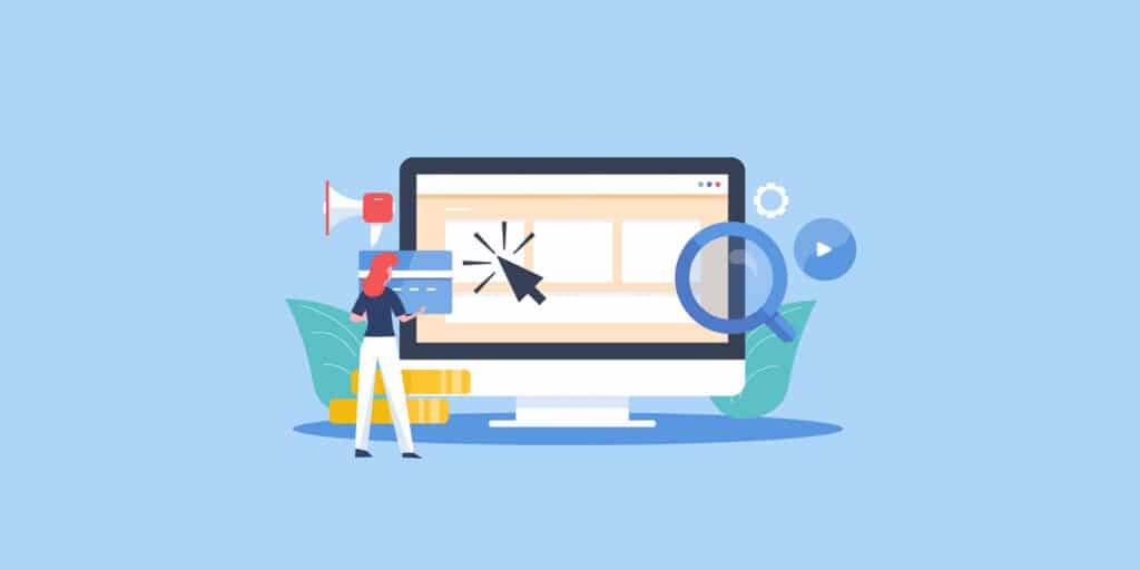 Graphic cartoon of woman looking at computer screen